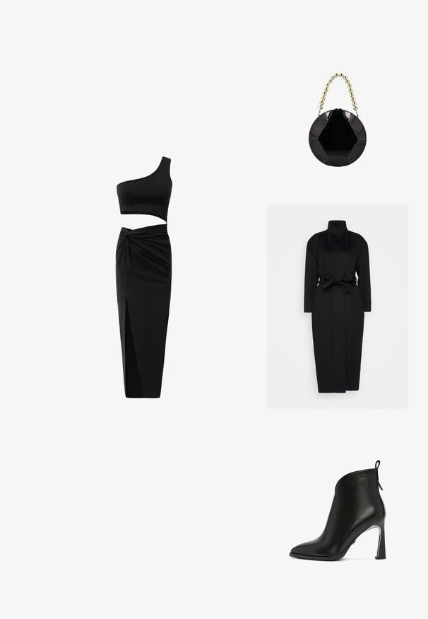 Zwarte lange mouwen jas gemaakt van zachte stof, met een hoge kraag en een gestrikt tailleband, met een rechte silhouet en minimale ontwerpdetails.; Zwart twee-delig outfit met een één-schouder crop top en hoge taille rok met een gedraaide detail en een zijsplit. Glad materiaal.; Zwarte leren enkellaars met een spitste neus, gebogen bovenkant en een metalen hak. Voorzien van een trekstrip aan de achterkant.; Glanzende zwarte ronde handtas met hexagonaal patroon en korte handgreep gemaakt van grote gouden kralen.