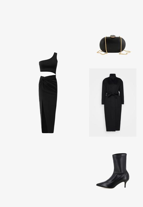 Zwarte lange mouwen jas gemaakt van zachte stof, met een hoge kraag en een gestrikt tailleband, met een rechte silhouet en minimale ontwerpdetails.; Zwart twee-delig outfit met een één-schouder crop top en hoge taille rok met een gedraaide detail en een zijsplit. Glad materiaal.; Zwarte leren enkelboot met een aansluitend ontwerp, spitse neus en een 6,5 cm hoge stilettohak. Beschikt over een zachte textuur en minimale stiksels.; Zwarte ovale clutch met een glad oppervlak, gouden kettingriem en een ronde zwart-met-gouden sluiting bovenaan tegen een witte achtergrond.