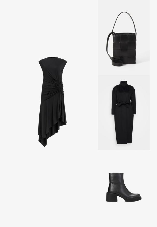 Zwarte lange mouwen jas gemaakt van zachte stof, met een hoge kraag en een gestrikt tailleband, met een rechte silhouet en minimale ontwerpdetails.; Zwarte mouwloze jurk met geplooide details aan de zijkant, voorzien van een asymmetrische zoom die elegant valt. Zachte stofstructuur.; Zwarte leren enkelboot met een ronde neus, een gemiddelde blokhak en een gladde textuur. Heeft een minimalistisch ontwerp en contrasterende stiksels.; Zwarte leren tas met een geweven ontwerp. Rechthoekige vorm, korte handgreep en verstelbare schouderband. Soepele textuur met een matte afwerking.