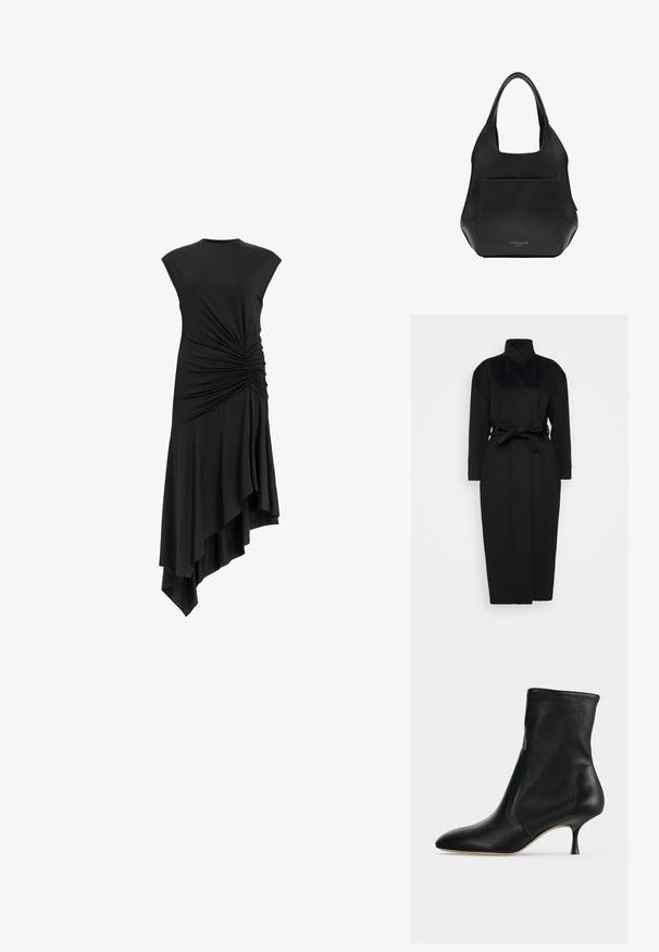 Zwarte lange mouwen jas gemaakt van zachte stof, met een hoge kraag en een gestrikt tailleband, met een rechte silhouet en minimale ontwerpdetails.; Zwarte mouwloze jurk met geplooide details aan de zijkant, voorzien van een asymmetrische zoom die elegant valt. Zachte stofstructuur.; Zwarte leren enkellaars met spitse neus en smalle hak van middelhoge hoogte, zijaanzicht op een lichte achtergrond.; Zwarte leren tote bag met een nonchalante uitstraling, voorzien van een grote voorkantzak en korte handvatten, geaccentueerd met een reliëflogo detail aan de onderkant.