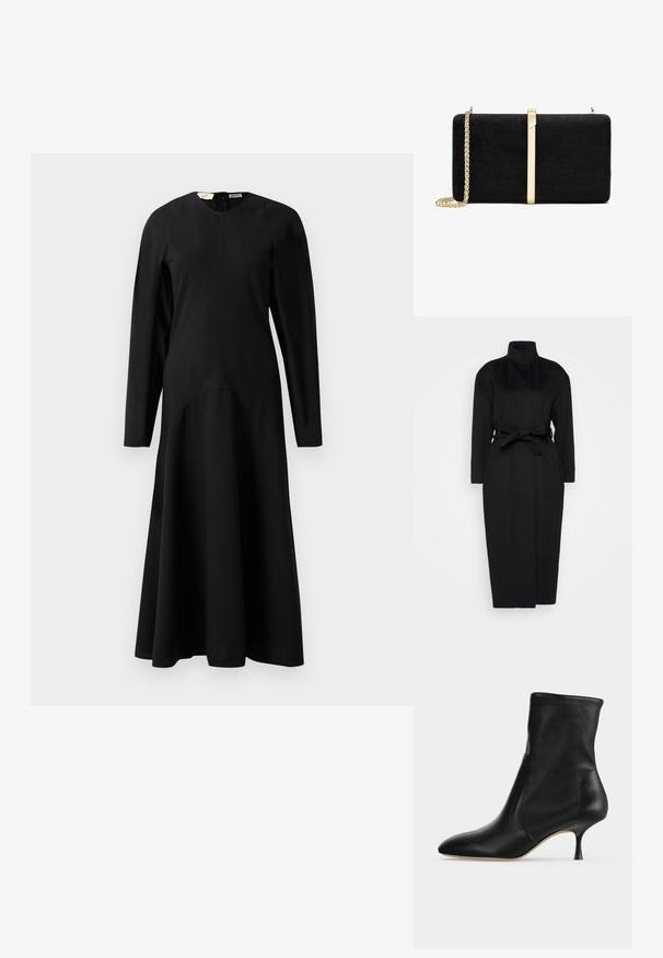 Manteau noir à manches longues en tissu doux, doté d'un col haut et d'une ceinture nouée à la taille, avec une silhouette droite et des détails de design minimaux.; Robe midi noire à manches longues avec un haut ajusté et une jupe évasée, dotée d'un col rond et d'une fermeture éclair au dos.; Bottine en cuir noir avec bout pointu et talon fin de hauteur moyenne, vue de profil sur fond clair.; Pochette en daim noir à la forme rectangulaire lisse, dotée d'un accent métallique doré et d'une bandoulière en chaîne.