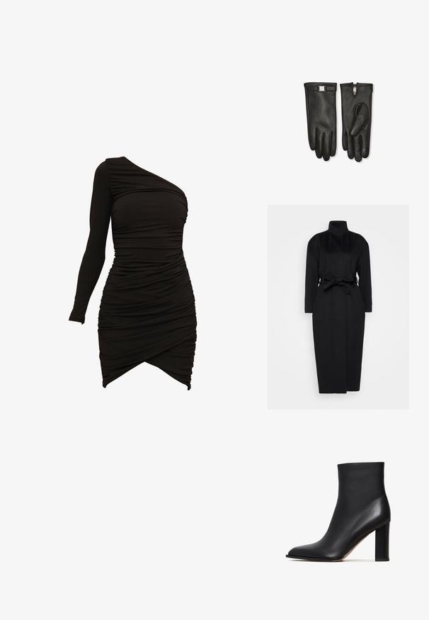 Zwarte lange mouwen jas gemaakt van zachte stof, met een hoge kraag en een gestrikt tailleband, met een rechte silhouet en minimale ontwerpdetails.; Zwarte een-schouder jurk van rekbaar materiaal, met gerimpelde details en een asymmetrische zoom voor een getailleerd silhouet.; Zwarte enkellaars van textuurleer, met een puntige neus en een stevige, cilindervormige hak. Strakke afwerking met een elegant ontwerp.; Een paar zwarte leren handschoenen met een kleine zilveren gesp aan de pols van de linker handschoen, plat liggend met de handpalmen omhoog en omlaag.