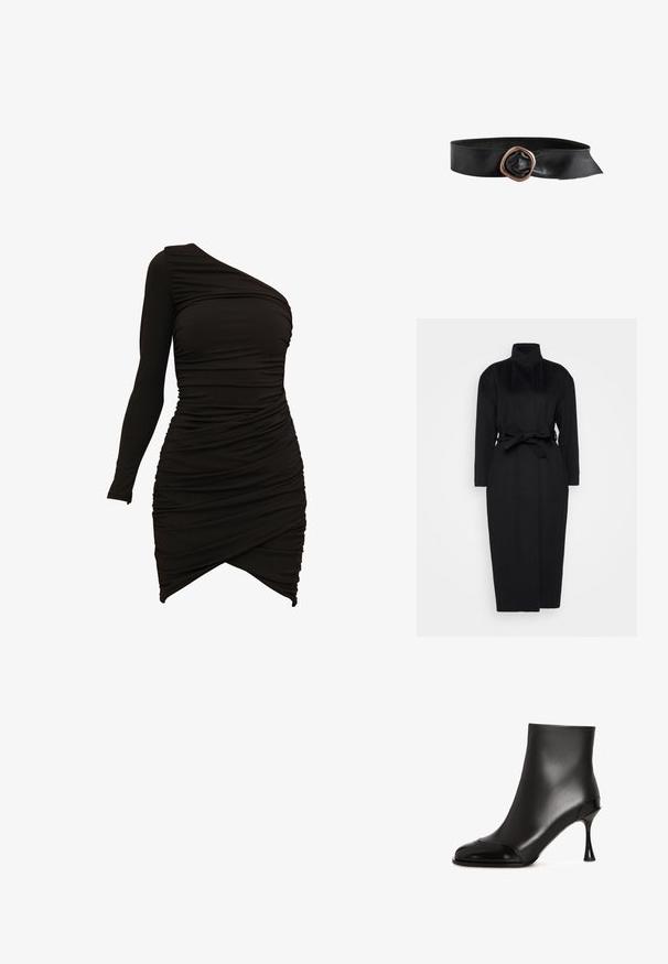 Manteau noir à manches longues en tissu doux, doté d'un col haut et d'une ceinture nouée à la taille, avec une silhouette droite et des détails de design minimaux.; Robe noire à une épaule en matériau extensible, dotée de détails froncés et d'un ourlet asymétrique pour une silhouette ajustée.; Bottes noires jusqu'à la cheville en cuir lisse avec un embout brillant, dotées d'un talon effilé et d'un design élégant et ajusté.; Ceinture en cuir noir avec une large bande et une grande boucle métallique irrégulière de couleur cuivre.