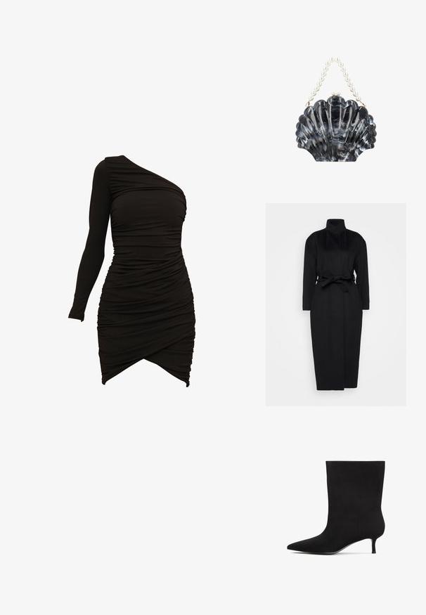 Abrigo negro de manga larga hecho de un tejido suave, con un collar alto y un cinturón de tela atado a la cintura, con una silueta recta y detalles de diseño mínimos.; Vestido negro de un solo hombro, confeccionado en material elástico, con detalles fruncidos y un dobladillo asimétrico que proporciona una silueta ajustada.; Botín de ante negro con punta afilada y tacón bajo estilo kitten. Textura suave y diseño minimalista sin patrones o acentos notables.; Clutch en forma de concha con diseño marmoleado en negro y gris, cierre de broche y asa hecha de grandes perlas blancas.