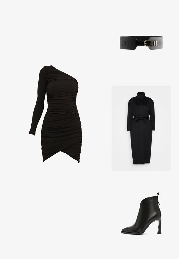 Abrigo negro de manga larga hecho de un tejido suave, con un collar alto y un cinturón de tela atado a la cintura, con una silueta recta y detalles de diseño mínimos.; Vestido negro de un solo hombro, confeccionado en material elástico, con detalles fruncidos y un dobladillo asimétrico que proporciona una silueta ajustada.; Bota de tobillo de cuero negro con punta afilada, diseño superior curvado y tacón metálico. Cuenta con una pestaña en la parte trasera.; Cinturón de piel negra con una banda ancha, que presenta una hebilla doble en tono dorado y múltiples agujeros para ajuste de tamaño. Textura suave y diseño limpio.