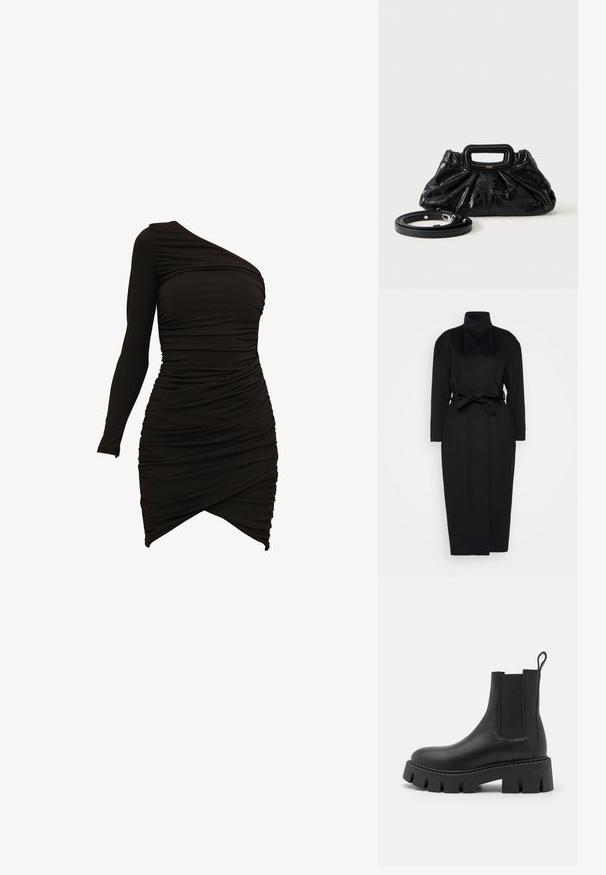 Schwarzer langärmeliger Mantel aus weichem Stoff, mit hohem Kragen und einem gebundenen Taillengürtel, gerader Silhouette und minimalen Designdetails.; Schwarzes One-Shoulder-Kleid aus dehnbarem Material mit gerafften Details und asymmetrischem Saum für eine figurbetonte Silhouette.; Schwarze Lederknöchelstiefel mit elastischen Seitenpaneelen, massiv strukturiertem Absatz und einer Schlaufe hinten für einfaches Anziehen.; Kleine schwarze Lederhandtasche mit geraffter Textur, rechteckigem Griff und abnehmbarem dünnen Schulterriemen, der daneben liegt.