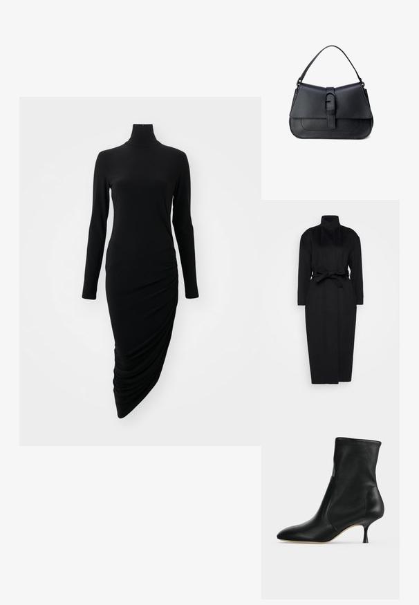 Schwarzer langärmeliger Mantel aus weichem Stoff, mit hohem Kragen und einem gebundenen Taillengürtel, gerader Silhouette und minimalen Designdetails.; Schwarzes Langarmkleid mit hohem Kragen, das auf einer Seite ein gerafftes Design aufweist und aus einem glatten, dehnbaren Stoff gefertigt ist.; Schwarzer Lederknöchelstiefel mit spitzer Spitze und schlankem, mittelhohem Absatz, seitlich vor hellem Hintergrund dargestellt.; Schwarze Lederhandtasche mit strukturiertem Design, glatter Textur, verstellbarem Schultergurt und einem frontalen Klappenverschluss mit einer Schnallendetail.