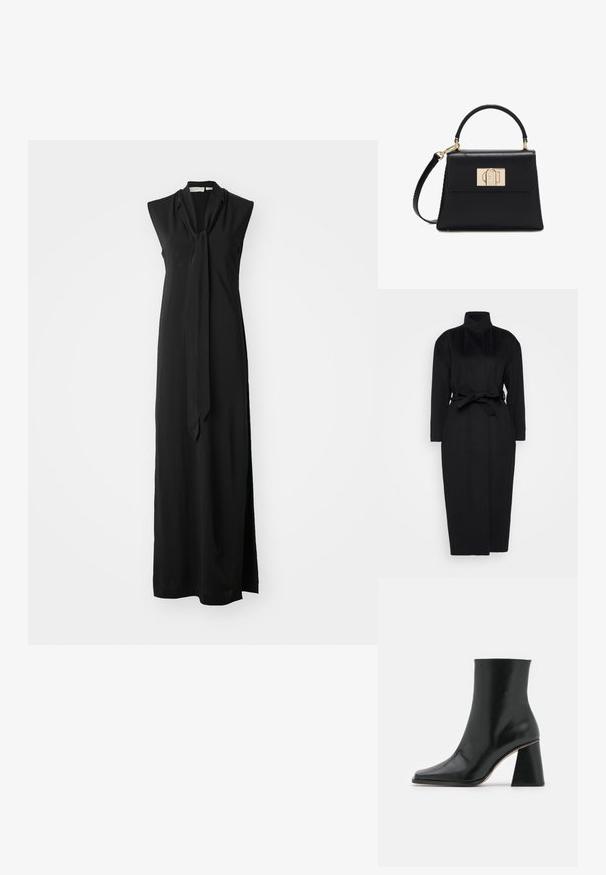 Abrigo negro de manga larga hecho de un tejido suave, con un collar alto y un cinturón de tela atado a la cintura, con una silueta recta y detalles de diseño mínimos.; Vestido maxi negro sin mangas con cuello atado, material fluido, abertura lateral y textura suave. Diseño simple y elegante.; Botín de cuero negro hasta el tobillo con un diseño de puntera cuadrada y un tacón grueso y texturizado. Superficie lisa sin hardware visible ni patrones.; Bolso de mano de cuero negro con asa superior, correa de hombro desmontable y cierre rectangular dorado en la tapa frontal.
