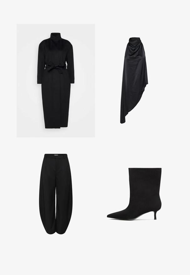 Abrigo negro de manga larga hecho de un tejido suave, con un collar alto y un cinturón de tela atado a la cintura, con una silueta recta y detalles de diseño mínimos.; Vestido negro sin mangas de satén con escote alto drapeado y bajo asimétrico, tela fluida con acabado suave.; Pantalones cortos de pierna ancha negros con cintura alta y plisados delanteros, con trabillas para cinturón y cierre delantero oculto.; Botín de ante negro con punta afilada y tacón bajo estilo kitten. Textura suave y diseño minimalista sin patrones o acentos notables.