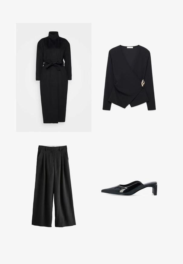 Schwarzer langärmeliger Mantel aus weichem Stoff, mit hohem Kragen und einem gebundenen Taillengürtel, gerader Silhouette und minimalen Designdetails.; Schwarze Wickelbluse mit langen Ärmeln, asymmetrischem Saum und einem dekorativen goldenen Verschluss auf der rechten Seite.; Schwarze Hose mit weitem Bein, Gürtelschlaufen, Vorderfalten und seitlichen Taschen, auf weißem Hintergrund dargestellt.; Schwarzer Lackleder-Slingback-Schuh mit spitzem Zehenbereich und niedrigem Blockabsatz. Glatte Textur und minimalistisches Design mit einem geschwungenen Schnitt.