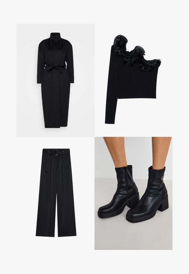 Zwarte lange mouwen jas gemaakt van zachte stof, met een hoge kraag en een gestrikt tailleband, met een rechte silhouet en minimale ontwerpdetails.; Zwarte tops met één schouder, voorzien van een ruffled doorzichtige overlay langs de halslijn, gemaakt van lichtgewicht stof met een gladde textuur.; Zwarte wijde broek van gladde stof, met een hoge tailleband en een riem met lussen, en opvallende aantal plooien aan de voorkant.; Zwarte leren enkellaarsjes met een hoge blokhak, voorzien van een zijrits, een zachte textuur en een taps toelopende tekening.