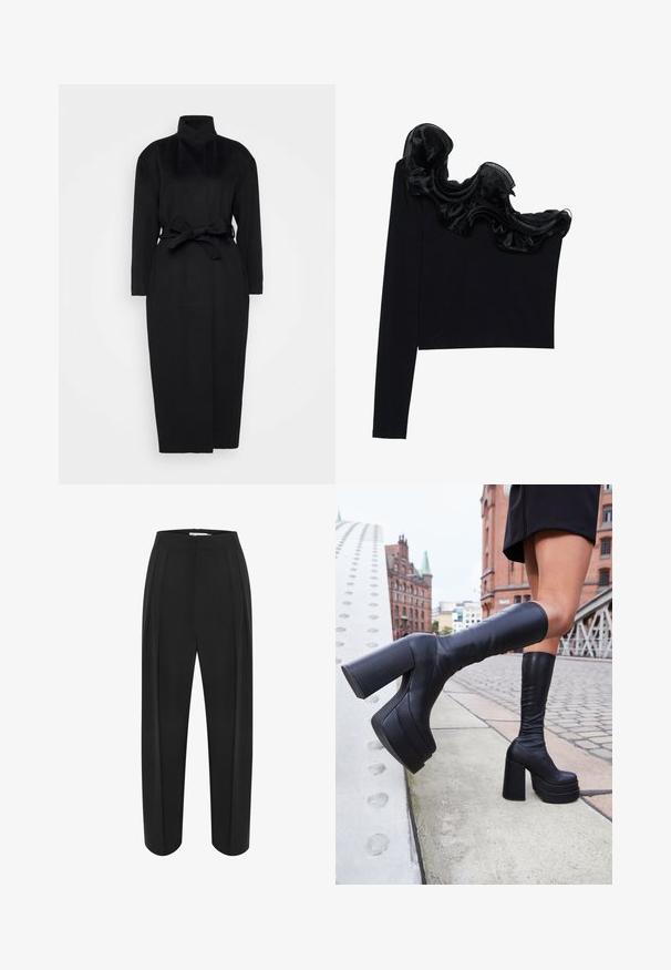 Manteau noir à manches longues en tissu doux, doté d'un col haut et d'une ceinture nouée à la taille, avec une silhouette droite et des détails de design minimaux.; Top noir à une épaule avec un overlay transparent froncé le long de l'encolure, fabriqué à partir d'un tissu léger à la texture lisse.; Pantalons larges noirs à taille haute, avec une texture lisse et deux plis à l'avant. Conçus avec une silhouette épurée et ajustée.; Bottes noires à plateforme montantes en cuir lisse, avec des talons carrés épais et un design élégant, le tout sur fond urbain.