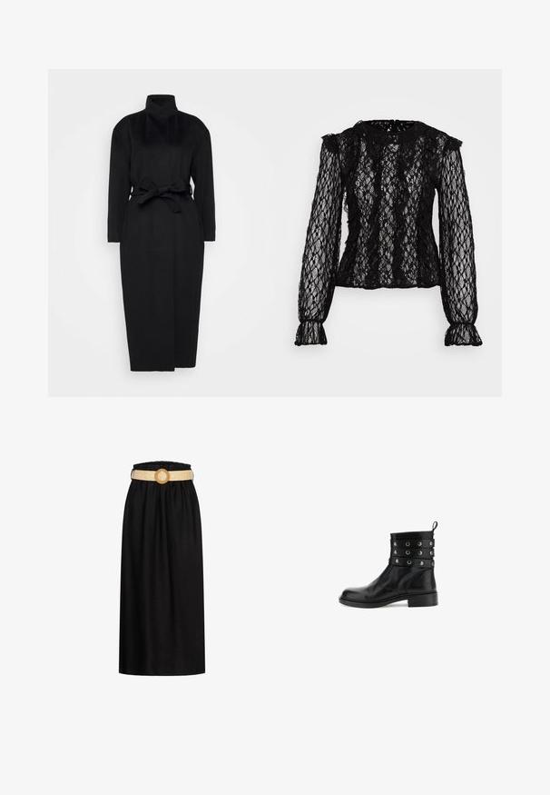 Abrigo negro de manga larga hecho de un tejido suave, con un collar alto y un cinturón de tela atado a la cintura, con una silueta recta y detalles de diseño mínimos.; Top de encaje negro de manga larga con un diseño ajustado, detalles con volantes en los hombros y puños, y un patrón floral texturizado en toda la prenda.; Falda midi negra hecha de una tela suave, con una cinturilla elástica y un cinturón tejido beige con una hebilla circular.; Botín de cuero negro hasta el tobillo con un acabado suave, que presenta tres correas decorativas con herrajes plateados y una lengüeta en la parte posterior.