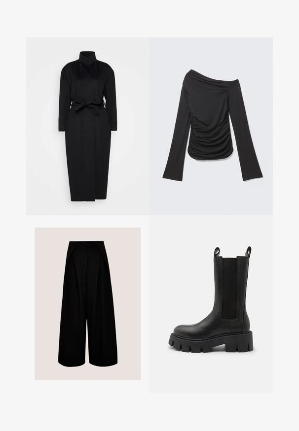Manteau noir à manches longues en tissu doux, doté d'un col haut et d'une ceinture nouée à la taille, avec une silhouette droite et des détails de design minimaux.; Top asymétrique noir à manches longues avec tissu froncé sur un côté et un large col bateau.; Pantalon noir à jambes larges et taille haute, avec plis et fermeture avant cachée, sur un fond clair uni.; Bottines en cuir noir avec panneaux élastiques sur les côtés, languettes de tirage, semelle crantée épaisse et détails de couture renforcée. La surface a une texture lisse.