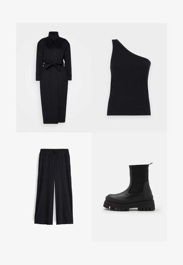 Schwarzer langärmeliger Mantel aus weichem Stoff, mit hohem Kragen und einem gebundenen Taillengürtel, gerader Silhouette und minimalen Designdetails.; Schwarzes, geripptes Tanktop mit einem Schulterdesign, tailliert und aus einem weichen Material gefertigt. Es hat einen klaren, minimalistischen Schnitt und einen glatten Halsausschnitt.; Schwarze weit geschnittene Hose aus strukturiertem Stoff mit elastischem Taillenbund und verstellbarem Kordelzug. Hat eine lockere Passform und keine Taschen.; Schwarze Knöchelstiefel mit einem glatten Lederobermaterial, elastischen Seitenpanelen und einer dicken Gummisohle mit tiefen Rillen für besseren Halt.