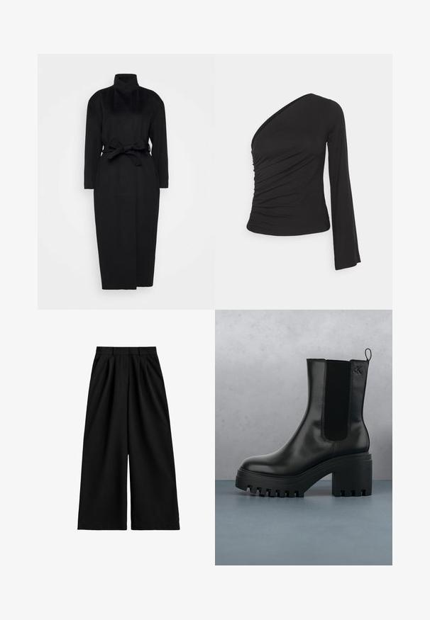 Zwarte lange mouwen jas gemaakt van zachte stof, met een hoge kraag en een gestrikt tailleband, met een rechte silhouet en minimale ontwerpdetails.; Asymmetrisch langslievend top in zwart, met een geraapte zijkant voor textuur en een aansluitende silhouette. Gemaakt van zachte, rekbare stof.; Zwarte wijduitlopende broek met hoge taille, riemlussen, voorplooien en een nette, gladde stofafwerking.; Zwarte lederen enkelboot met ronde neus, chunky plateauzool en mesh zijaccenten. Voorzien van een trekband voor gemakkelijk aan- en uittrekken.