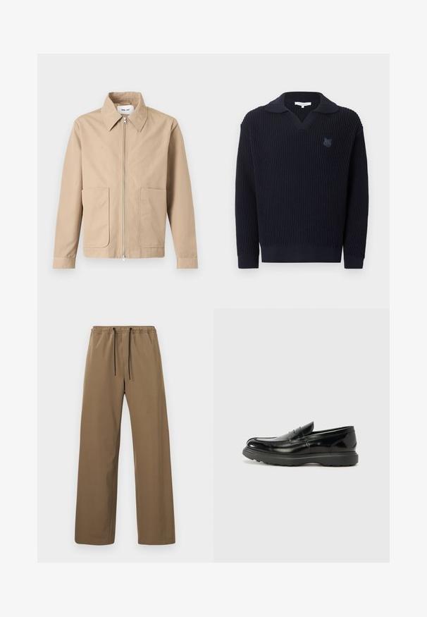 Veste beige à fermeture éclair avec col pointu, manches longues et deux poches avant, présentée sur un fond uni.; Pull en maille côtelée bleu marine foncé avec un col replié et un petit logo renard brodé sur le côté gauche de la poitrine.; Pantalon marron à coupe droite avec taille élastique et cordons noirs, présenté sur un fond clair uni.; Mocassin en cuir noir avec une finition brillante, bout arrondi, détails de couture subtils et semelle en caoutchouc épaisse pour la durabilité.
