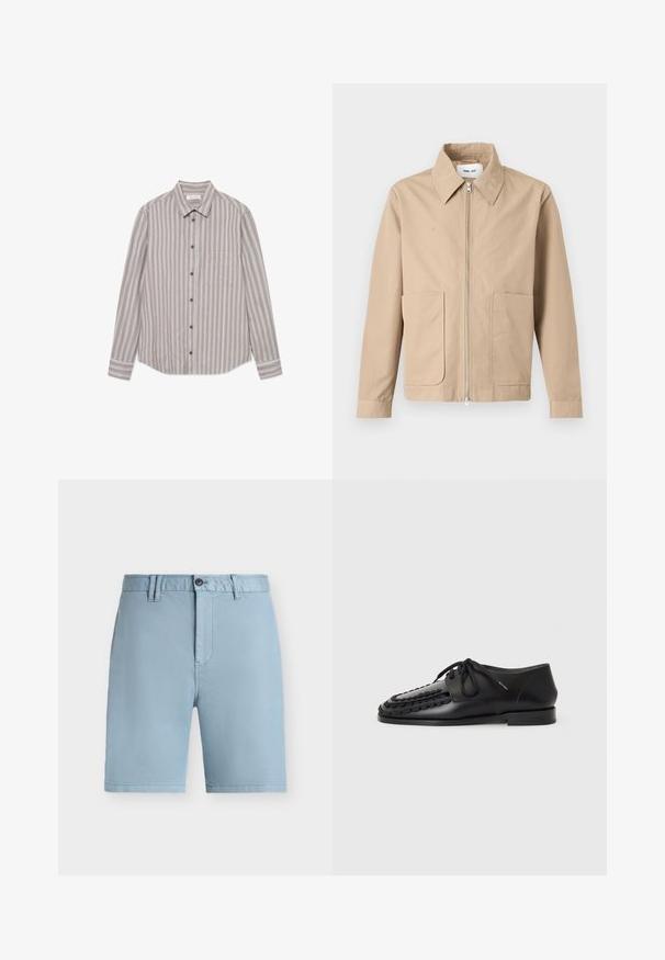 Chaqueta beige con cremallera, cuello puntiagudo, mangas largas y dos bolsillos delanteros, mostrada sobre un fondo liso.; Camisa de manga larga a rayas en tonos beige y gris, hecha de una tela texturizada. Presenta un cuello clásico, cierre de botones en la parte delantera y un bolsillo en el pecho.; Pantalones cortos para hombre hasta la rodilla de color azul claro con presillas para cinturón, cierre de botón y bolsillos delanteros sobre un fondo liso.; Zapatos de cuero negros con un diseño trenzado en la punta, cierre redondo con cordones y una suela plana y compacta. Textura suave en toda su superficie.