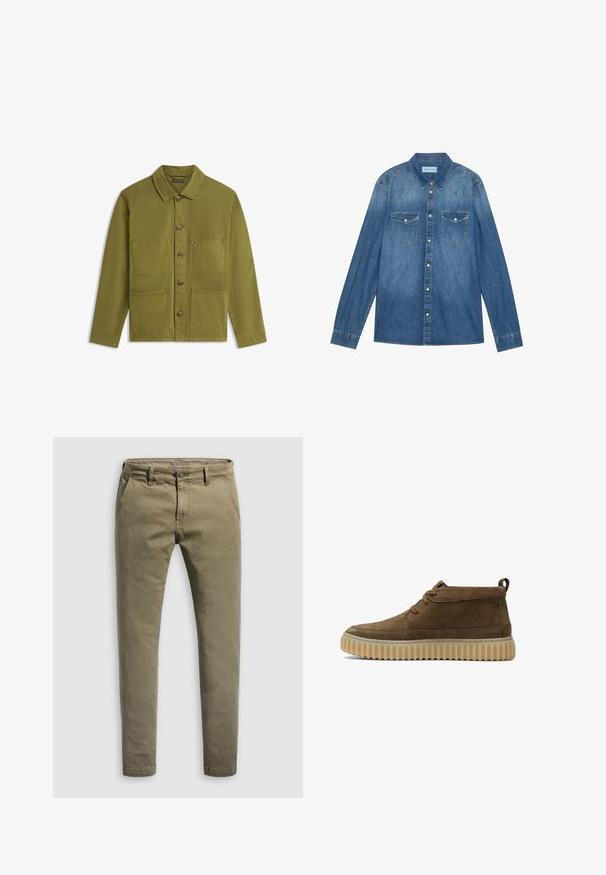 Olivengrøn jakke lavet af robust stof, med en spids krave, knaplukning foran og fire udvendige lommer med et logodetalje på én af dem.; Mørkeblå denimskjorte med lange ærmer, klassisk krave, knaplukning fortil, to brystlommer og kontrasterende stiklinger på sømmene.; Khaki herre chinos lavet af bomuldsstof, med en slank pasform, standardlommer og knaplukning. Glat tekstur med minimal syning.; Brune ruskind ankelstøvler med en rund tå, minimal syning og en tekstureret, kraftig gummisål. Har snørebåndsdesign og hælflig.