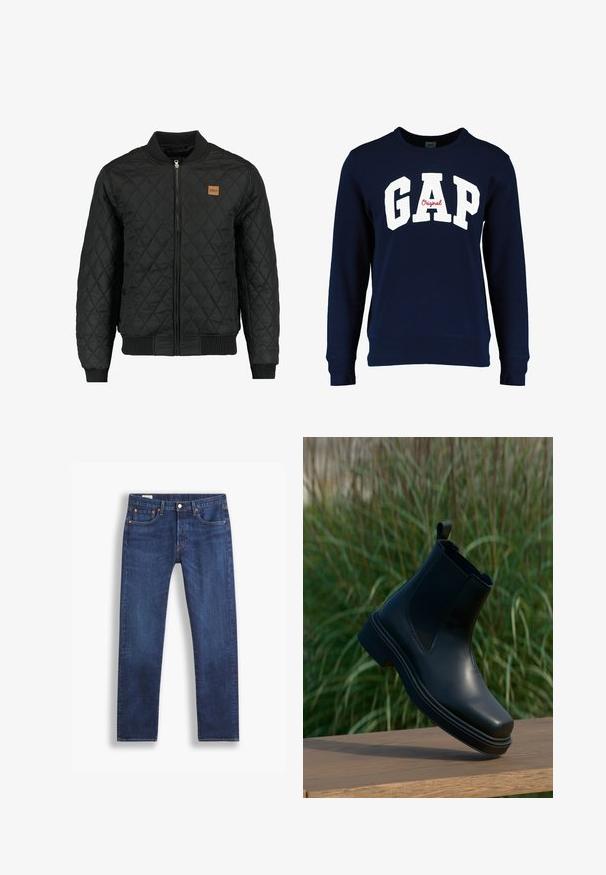 Veste bomber matelassée noire avec fermeture zippée, poignets et ourlet côtelés, et une petite pièce en cuir marron sur la poitrine.; GAP ORIGINAL ARCH CREW - Sweatshirt - tapestry navy; Jean droit bleu marine avec un style classique à cinq poches et fermeture à bouton, présenté sur fond blanc.; Bottines Chelsea en cuir noir avec côtés élastiques, bout rond, petit talon et tirant à l'arrière, sur un fond vert flou.