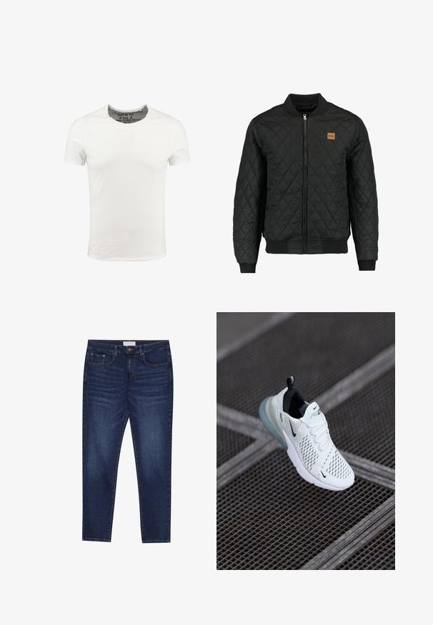 Zwarte gewatteerde bomberjack met een ritsluiting, ribgebreide mouwen en zoom, en een klein bruin logo-opdruk op de borst.; Witte katoenen t-shirt met een ronde halslijn en korte mouwen, voorzien van een eenvoudige ontwerpen en een zachte textuur. Labels zichtbaar in het kraaggebied.; Donkerblauwe slim-fit jeans met vijf zakken, knoopsluiting en contrasterende stiksels, gelabeld Pier One op de tailleband.; Witte sportieve sneaker met geperforeerde mesh bovenkant, zwarte accenten, zichtbare veters en een doorzichtige luchtkussenzool.