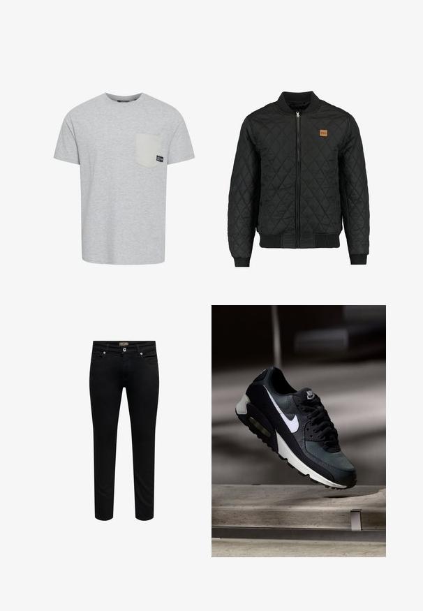 Veste bomber matelassée noire avec fermeture zippée, poignets et ourlet côtelés, et une petite pièce en cuir marron sur la poitrine.; T-shirt gris à manches courtes en tissu doux, avec une poche de couleur gris clair en contraste et une petite étiquette logo près de la poche.; Jean slim noir avec fermeture bouton et zip devant, passants de ceinture et design à cinq poches sur fond blanc.; Baskets Nike Air Max noires et grises avec un logo blanc, suspendues au-dessus d'une surface en béton sur un fond sombre flou.