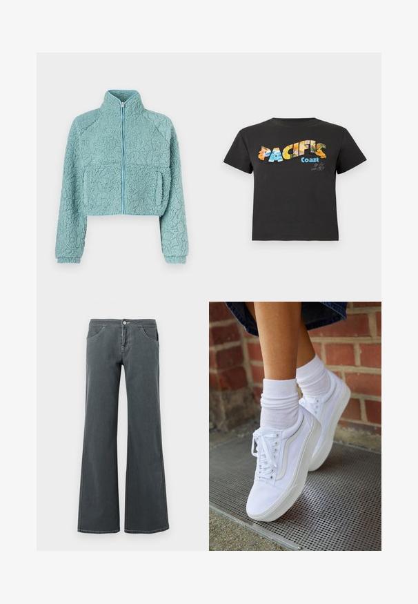 Verkorte jas met rits in zacht, gestructureerd lichtblauw materiaal; voorzien van raglanmouwen en twee voorkanten zakken met contrasterende rand.; Zwart T-shirt met korte mouwen met de tekst "PACIFIC Coast" en kleurrijke tropische en oceaangerelateerde patronen aan de voorkant.; Grijze flared jeans van denim met een gladde textuur. Kenmerken zijn een knoopsluiting, riemlussen en voorzakken.; Witte canvas sneakers met rubberen zolen, voorzien van zes vetertjes, een ronde neus en lichte stikdetails, gecombineerd met witte enkelsokken.