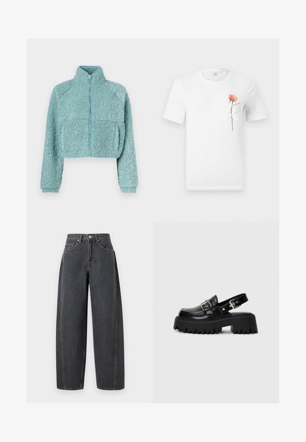 Veste zippée raccourcie en matériau bleu clair doux et texturé ; comprend des manches raglan et deux poches avant avec un bord contrastant.; T-shirt blanc à manches courtes avec une seule rose rose et un nœud blanc noué autour de sa tige sur le côté gauche de la poitrine.; Jean en denim noir taille haute avec jambes larges, poches avant, passants de ceinture et fermeture par bouton métallique sur un fond uni.; Sandales sur plateforme noires en cuir brillant, dotées d'une sangle à boucle et d'une semelle épaisse texturée avec des nervures prononcées.