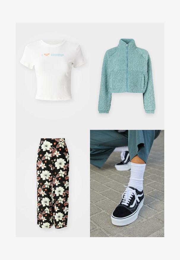 Krymper jakke med lynlås i blødt, tekstureret lyseblåt materiale; har raglanærmer og to forlommer med kontrastfarvet kant.; Hvid cropped t-shirt lavet af bomuld med et orange hjerte og "SURF" i lyseblåt print på forsiden. Korte ærmer, rund hals.; Sorte blomstrede bukser med store hvide, orange og brune blomster, med et løst, bredt ben-design og blødt, letvægtsstof.; Sorte ruskinds sneakers med hvide accenter og snørebånd, der har en tyk hvid sål og kontrasterende syninger, parret med en hvid sok.