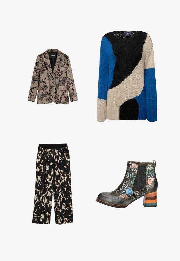 Beige dameblazer med mørkelilla blomsterprint, to forreste knapper, reverskrave og forlommer med klapper fra Desigual.; Strikket sweater med markante farvefelter i sort, blå og beige. Rund hals, lange ærmer og ribbede manchetter giver tekstur og varme.; Bredde ben bukser i et sort stof med et brunt og cremefarvet abstrakt mønster. Elastisk talje med plisseringer, glat tekstur.; Læderankelstøvle med blomsterprint i forskellige farver. Har elastiske sidepaneler og en stribet blokhæl i flere nuancer.
