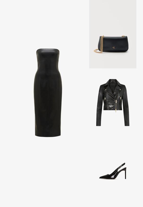 AllSaints ELORA BIKER - Læderjakker - black gold; Sort, stropløs læderkjole med en tætsiddende silhuet, knælængde, glat overflade og lodrette sømme for definition.; Sort patentlæder slingback hæl med spids tå og stiletto hæl. Har et udsnit design og justerbar rem med metalhardware.; Sort læder skuldertaske med guldkæde rem og lille guld "cK" logo centreret på frontklappen mod en ensfarvet baggrund.
