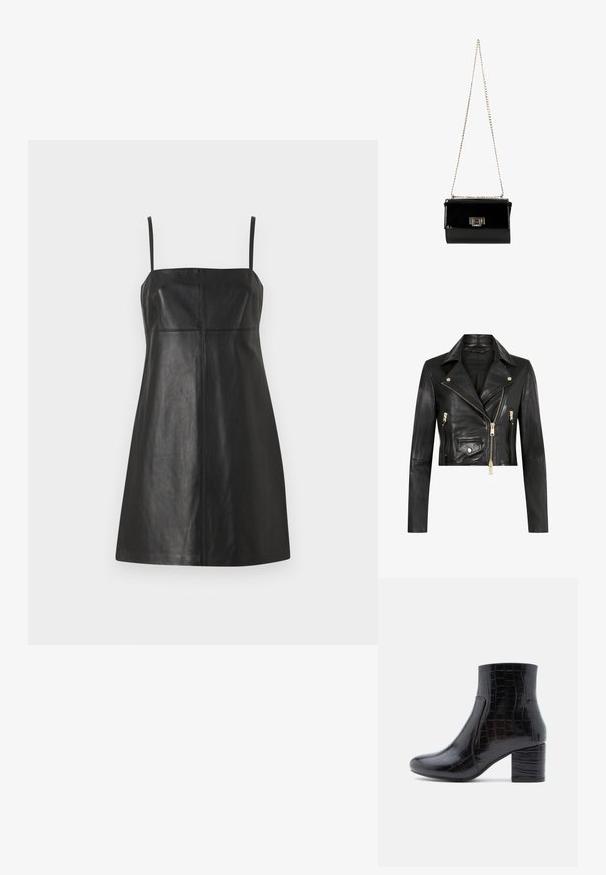 AllSaints ELORA BIKER - Leren jas - black gold; Zwarte leren jurk met dunne bandschoudertjes, aansluitende buste en A-lijn vorm. Bevat verticale naden voor structuur en een gladde textuur.; Zwarte enkellaars gemaakt van glanzend krokodillenprintleer. Voorzien van een ronde neus en een dikke blokhak. Gladde textuur en slank ontwerp.; Zwarte gepatineerde leren handtas met een gouden schouderband, rechthoekige vorm, voorzien van een flapsluiting aan de voorkant en een metallic logo accent.