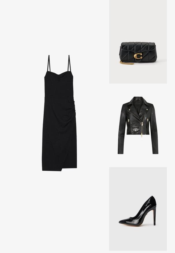 AllSaints ELORA BIKER - Læderjakker - black gold; Sort ribbet kjole med tynde justerbare stropper, en sweetheart-udskæring, side-ruching detalje og asymmetrisk kant. Fremstillet af strækbart stof.; Sort laklæder højhælet pumptoe med spids snude, slank silhuet og en tynd stilethæl på 4 tommer. Glat, blank overflade.; Sort quiltet læderclutch med guldfarvet metal kæde og stor guldfarvet "C" logo lukning på frontklappen.