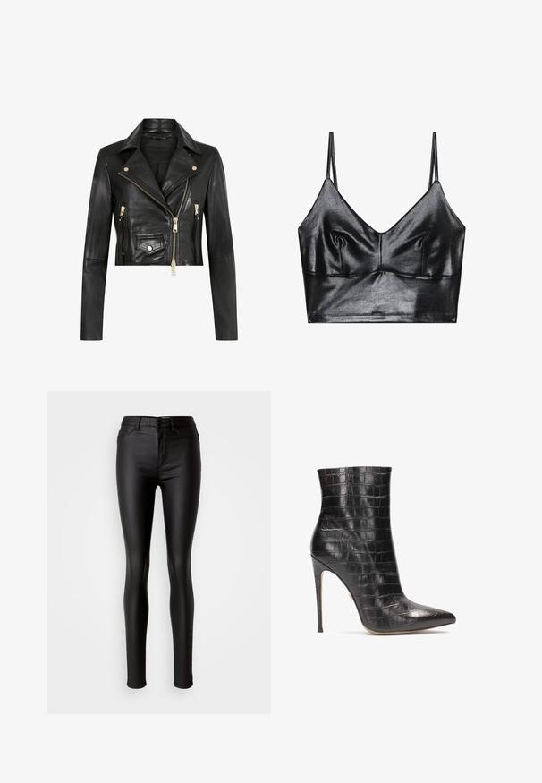 AllSaints ELORA BIKER - Leren jas - black gold; Zwarte, glanzende bralette met dunne verstelbare bandjes, met een V-halslijn, een gladde textuur en subtiele plooitjes bij de buste voor vorm.; Zwarte faux leren skinny jeans met een gladde textuur, hoge taille, knoopsluiting en een traditionele vijf-pocket stijl.; Zwarte leren enkelboots met een krokodillenstructuur, puntige neus en een hoge stilettohak, met een glanzende afwerking.