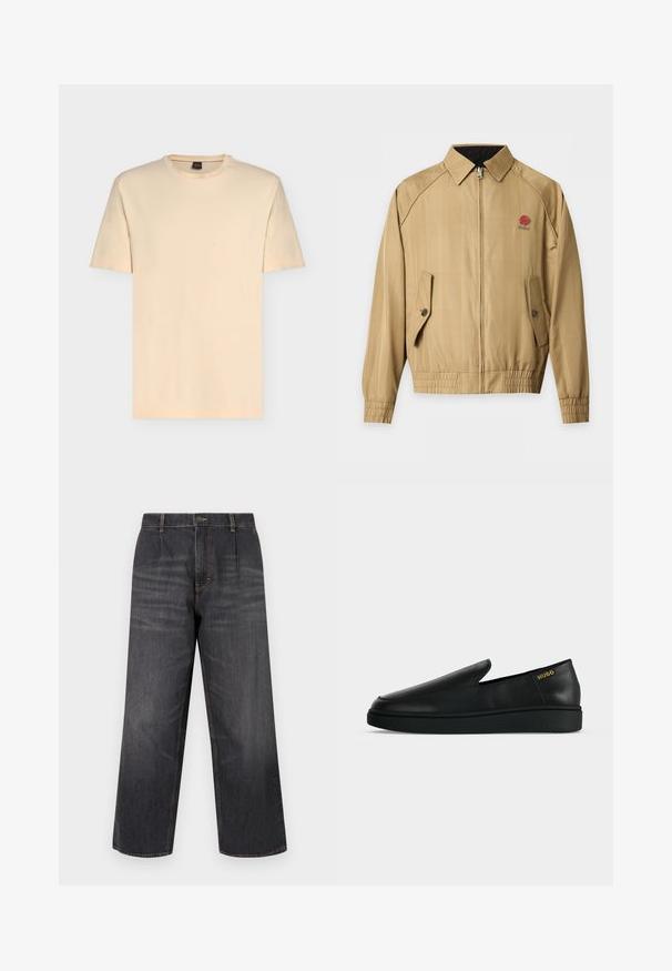 Veste beige zippée avec poignets et ourlet élastiques, poches à rabat boutonnées, un col et un petit logo rose rouge sur la poitrine gauche.; T-shirt beige clair à manches courtes avec col rond et logo discret "BOSS" centré sur la poitrine.; Jean large en denim foncé à taille haute, avec surpiqûres contrastantes, fermeture à bouton et deux poches avant. Texture lisse, coupe droite.; Chaussure noire en cuir à enfiler avec semelle épaisse et marquage "HUGO" en or près du talon sur un fond uni gris clair.