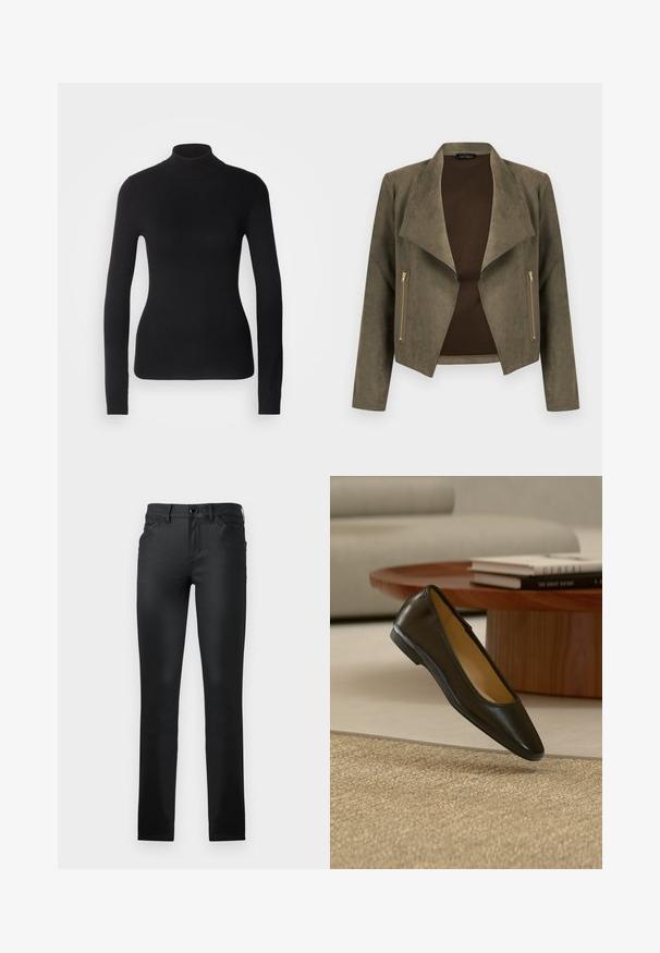 Chaqueta corta de ante color verde oliva con solapas anchas, mangas largas y bolsillos con cremallera dorada en ambos lados, estilo abierto al frente.; Suéter negro de cuello alto hecho de un tejido de punto ligero. Presenta mangas largas, un diseño ajustado y una suave textura acanalada.; TOM TAILOR TTLUCIE SKINNY FIT - Vaqueros pitillo - coated black denim; Zapato plano de cuero negro con punta cuadrada redondeada sobre una alfombra beige tejida, con mesa de café de madera y libros apilados en el fondo.
