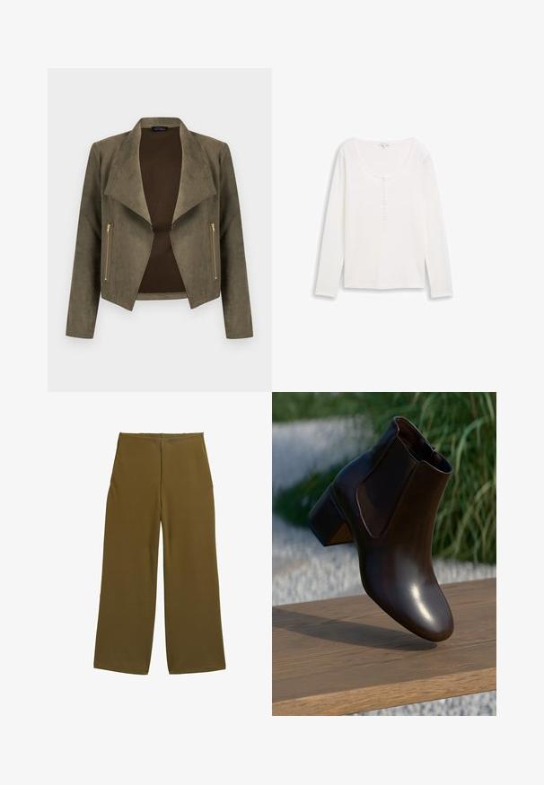Olivengrøn cropped jakke i ruskind med brede revers, lange ærmer og guld lynlåslommer på begge sider, åben front.; Hvid ribbet langærmet top med rund halsudskæring og en delvis knaplukning. Blød tekstur, tætsiddende design og minimalistisk stil.; Bredde benbukser i olivengrønt stof, med en glat tekstur og ingen synlige lukninger. Designet til en afslappet pasform med rene linjer.; Brun læder ankelstøvle med en afrundet tå og en lav blokhælhæl, der har elastiske sidepaneler og en glat, blank finish.
