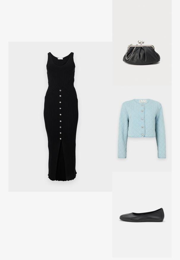 Hele sinine tikitud lühike jakk pikkade varrukatega, ümmarguse kaelusega ja viie läikiva nööpiga esiosas.; Rabanne Kampsunkleit - black; Musthave mustika tantsutossud mustast nahast, ümmarguse varbaga, siledast tekstuurist, minimaalse õmblusdetailiga ja paindliku tallakujundusega.; Musthave musta nahast käekott, millel on volditud tekstuur, hõbedane metallraam, lukustatud sulgemismehhanism ja kett. Sile ja pehme pind.