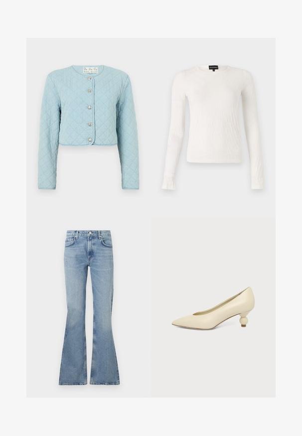 Veste courte en denim bleu clair matelassée avec des manches longues, dotée d'un col rond et de cinq boutons brillants à l'avant.; Haut à manches longues blanc avec un motif texturé tissé. Encolure ronde et design ajusté. Tissu doux avec un léger éclat.; Jean flare bleu clair en denim, avec taille haute, design à cinq poches et décoloration subtile sur l'ensemble du tissu.; Chaussure femme couleur crème à bout pointu avec un petit talon rond en forme de boule, sur fond uni.