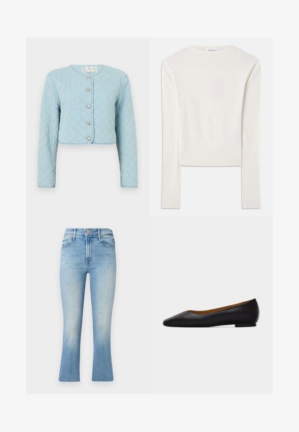 Lysblå quiltet cropped jakke med lange ærmer, der har rund halsudskæring og fem skinnende knaplukninger foran.; Hvid langærmet top lavet af bomuld, med en simpel rund hals og en slim fit. Stof er glat med en let stræk.; Lyseblå jeans med høj talje, flared ben-design og subtil falmning. Har klassiske lommer og metalknaplukning.; Sort læder flad sko med spids tå, lav hæl og glat finish, vist fra siden på en lysegrå baggrund.