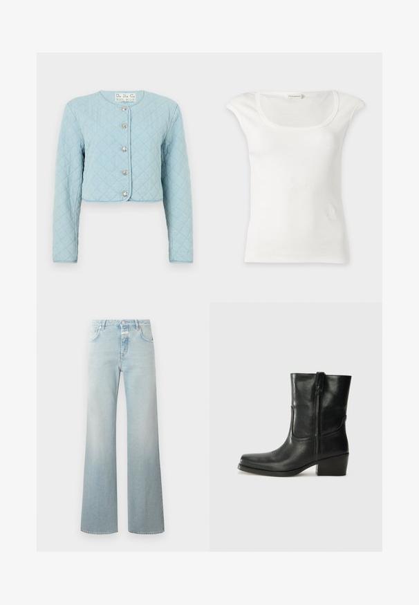 Lysblå quiltet cropped jakke med lange ærmer, der har rund halsudskæring og fem skinnende knaplukninger foran.; Hvid ribbet ærmeløs top med rund halsudskæring og små skulderklapper, vist på en ensfarvet lys baggrund.; CLOSED GILLAN - Wide leg - light blue; Sort læder ankelstøvle med rundt tå, blokhæl, lynlås i siden og stikninger på vampsiden. Glat tekstur, klassisk design.