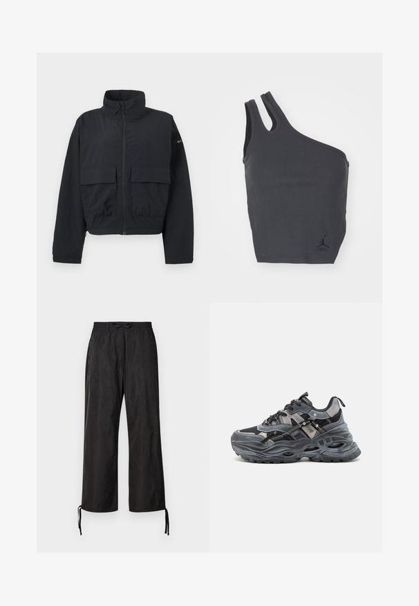 Sort lynlåsskjortejakke med høj krave og to store forlommer med klap, vist mod en ensfarvet hvid baggrund.; Sort ribbet tanktop med et unikt asymmetrisk design, der har en bred strop og en smal strop, inklusive et lille logo ved kanten.; Sorte, løstsiddende bukser med elastisk talje og justerbare snøringer ved anklerne. Glat stof med en subtil glans.; Sorte og grå atletiske sko med overdel i mesh og syntetisk materiale, fremtrædende bølget sål, reflekterende accenter og flerlagsdesign.