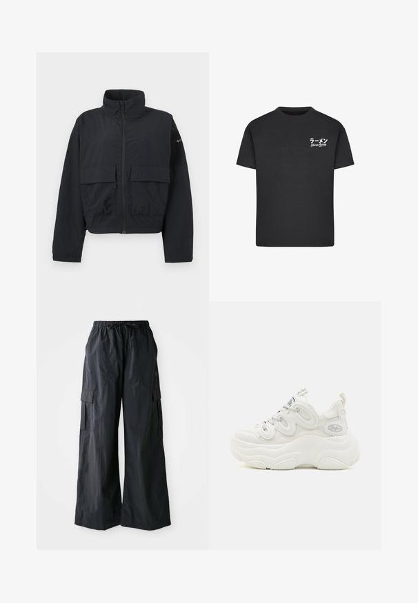 Sort lynlåsskjortejakke med høj krave og to store forlommer med klap, vist mod en ensfarvet hvid baggrund.; Sort bomulds T-shirt med rund hals. Har hvid tekst, inklusive japanske tegn og "Slurp Away," på venstre brystområde.; Sorte cargo-bukser lavet af letvægtigt stof, med vidde i benene, elastisk talje og flere sidelommer. Enkle og funktionelle.; Hvide chunky sneakers med overdel i mesh og syntetisk materiale, buet form, tekstureret sål og fremtrædende snøresystem med logo detaljer.