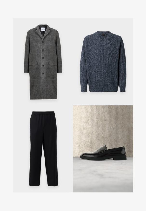 Grå mønsteret frakke med notch krave, seks knapper og to forlommer, lavet af et struktureret uldblandingsstof.; Marineblå ribstrikket sweater med V-hals og lange ærmer. Fremstillet af et struktureret materiale, har en afslappet pasform og tætsiddende manchetter.; Sorte bukser med elastisk talje, lige ben-design og et glat, let stof. Ingen synlige lommer eller mønstre.; Sort poleret læderloafer flydende over beige tæppe med orange gennemsigtigt møbel i baggrunden.