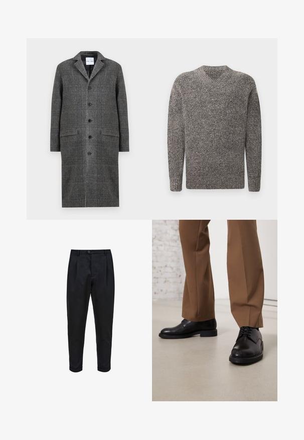 Grå mønsteret frakke med notch krave, seks knapper og to forlommer, lavet af et struktureret uldblandingsstof.; Grå v-hals sweater, strikket tekstur, lange ærmer, ribbede manchetter og kant, meleret mønster, stof af medium vægt.; Sorte bukser lavet af et glat stof, med plisseret for, tætsiddende pasform og optrukne mansjetter. Enkel knaplukning i taljen.; Sorte læder sko med glat overflade og rund tå, der har snørebåndslukning og en lav, flad sål. Sammen med brune bukser.