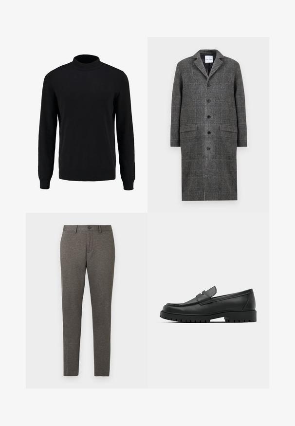 Manteau gris à motifs avec un col cranté, six boutons et deux poches avant, fabriqué dans un tissu en laine texturée.; Pull en maille noir avec un col montant, des manches longues, et des poignets et un ourlet côtelés, présentant une texture lisse et une silhouette classique.; Pantalons gris fuselés en tissu texturé, avec poches avant et une fermeture à un bouton à la taille. Lavable en machine.; Mocassins en cuir noir à bout arrondi, avec un design cousu, une semelle plateforme basse et une semelle en caoutchouc texturée et crantée.