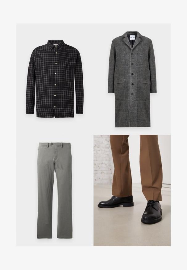 Manteau gris à motifs avec un col cranté, six boutons et deux poches avant, fabriqué dans un tissu en laine texturée.; Chemise à carreaux noire en tissu avec des manches longues, un col boutonné et des boutons blancs ; présente un motif en grille avec des lignes grises.; Pantalon gris à coupe droite en tissu tissé, doté d'une fermeture à un bouton et de poches latérales, avec une texture lisse.; Chaussures en cuir noir avec une surface lisse et un bout arrondi, dotées d'un système de laçage et d'une semelle plate et basse. Associées à un pantalon marron.