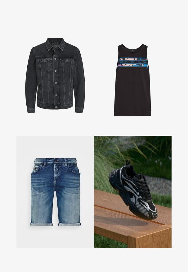 Sort denimjakke med et klassisk design, der har en spids krave, frontknaplukning, to brystlommer og sidelommer.; Sort ærmeløs tanktop med flerfarvede grafiske striber hen over brystet, lavet af blødt bomuldsstof med rund halsudskæring.; Denimshorts i mellemblå med en let slidt finish. Har smalle opsmæk, fem-lommer design og en metalknap lukning.; Sort og grå atletisk sneaker med mesh og reflekterende detaljer, balanceret på kanten af en træbænk udendørs.