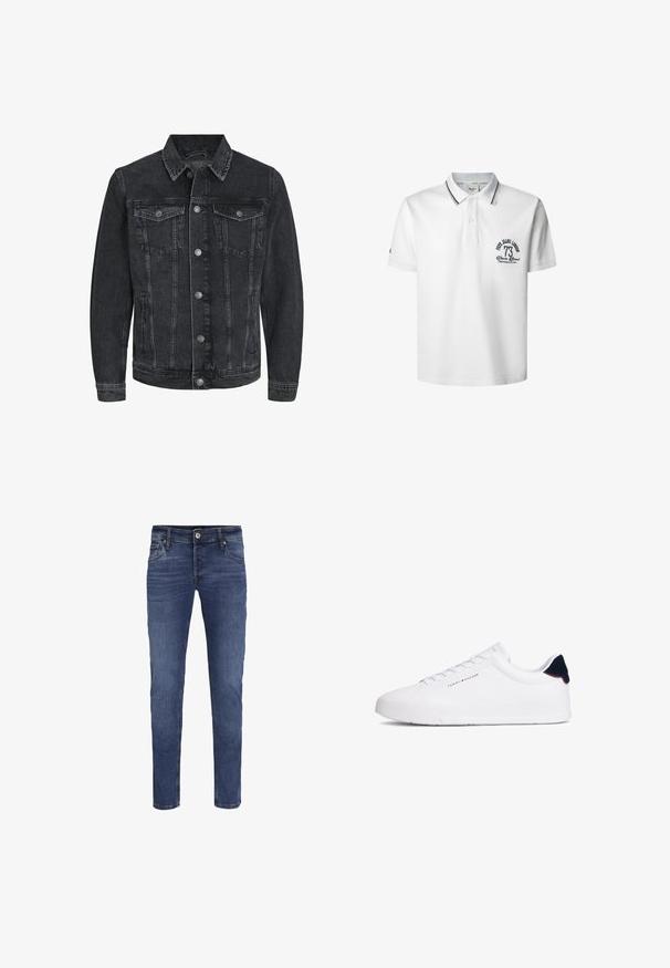 Sort denimjakke med et klassisk design, der har en spids krave, frontknaplukning, to brystlommer og sidelommer.; Hvid polo shirt lavet af bomuld med krave, der har marineblå striber, broderet logo og korte ærmer.; Slim-fit blå denim jeans til mænd med knap- og lynlåslukning, for- og baglommer samt subtile blege detaljer.; Hvid sneakers med glat læderoverdel, rundet tå og flad sål. Har navyblåt hælkappe og minimal branding på siden.