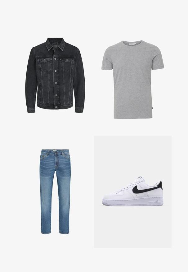 Zwarte denimjack met een klassiek ontwerp, voorzien van een puntenkraag, knoopsluiting aan de voorkant, twee borstzakken en zijzakken.; Grijze katoenen T-shirt met korte mouwen, ronde hals en een reguliere pasvorm. Heeft een klein merketiket aan de onderkant aan de linkerkant.; Lichtblauwe denim jeans met een klassiek recht model, voorzien van vijf zakken, metalen knoopsluiting en een lichte vervaging op de stof.; Witte leren sneaker met een gestructureerde zwarte Swoosh, platte veters en een rubberen zool met een geribbeld patroon. "AIR" is in de hak geperst.